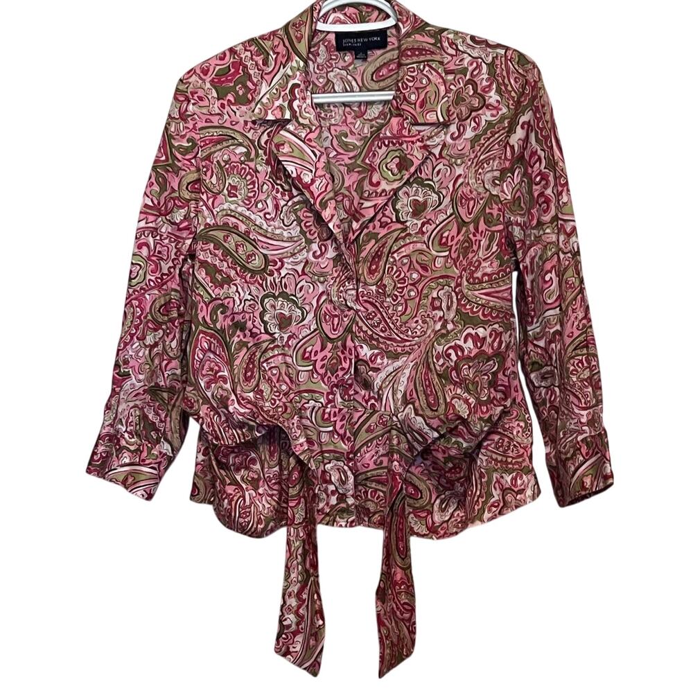 Jones New York Women's‎ Long Sleeve Button-Up Ties Pink Green Paisley Size L
